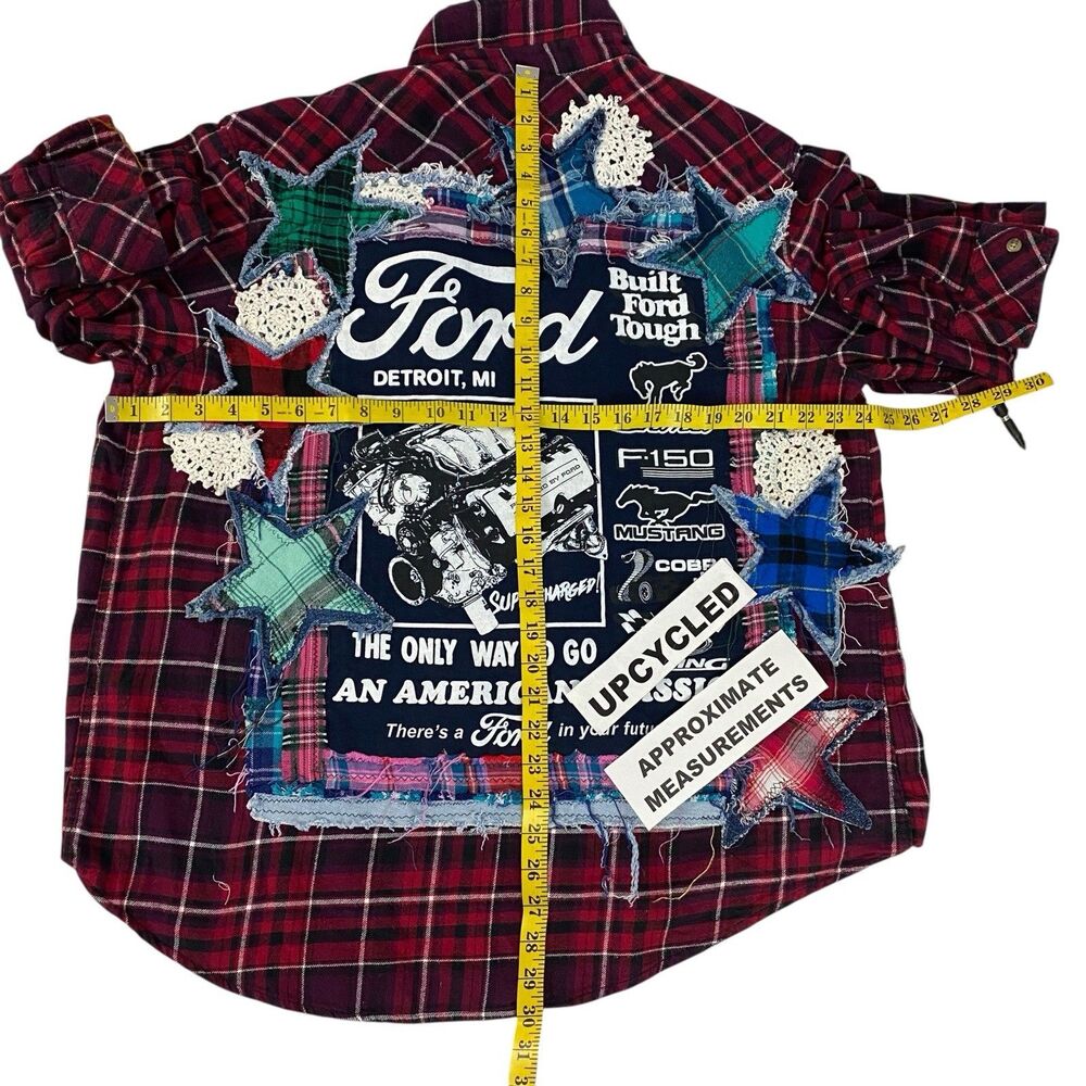 Upcycled Flannel Shirt Shacket Womens 1X Mechanic Grunge Patchwork Folk Art - Picture 3 of 16